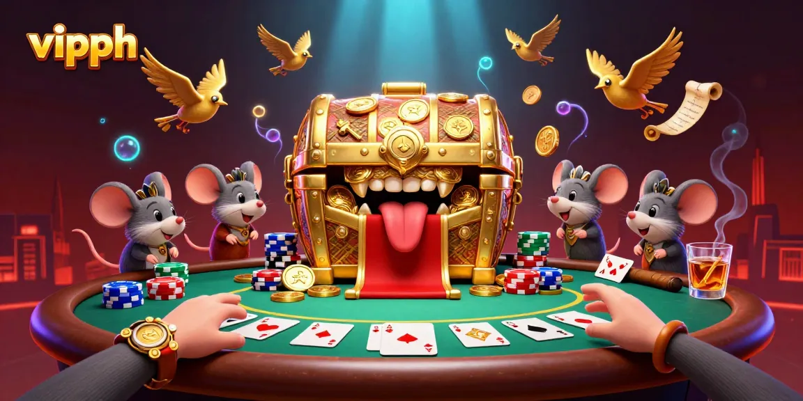 Experience excitement at vipph with adventurer mice and treasure amidst poker action and vibrant scenes.