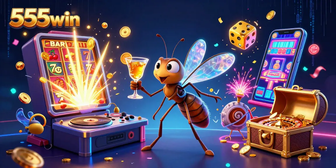 Play exciting slots and win at 555win, featuring vibrant 3D casino elements and fun characters.