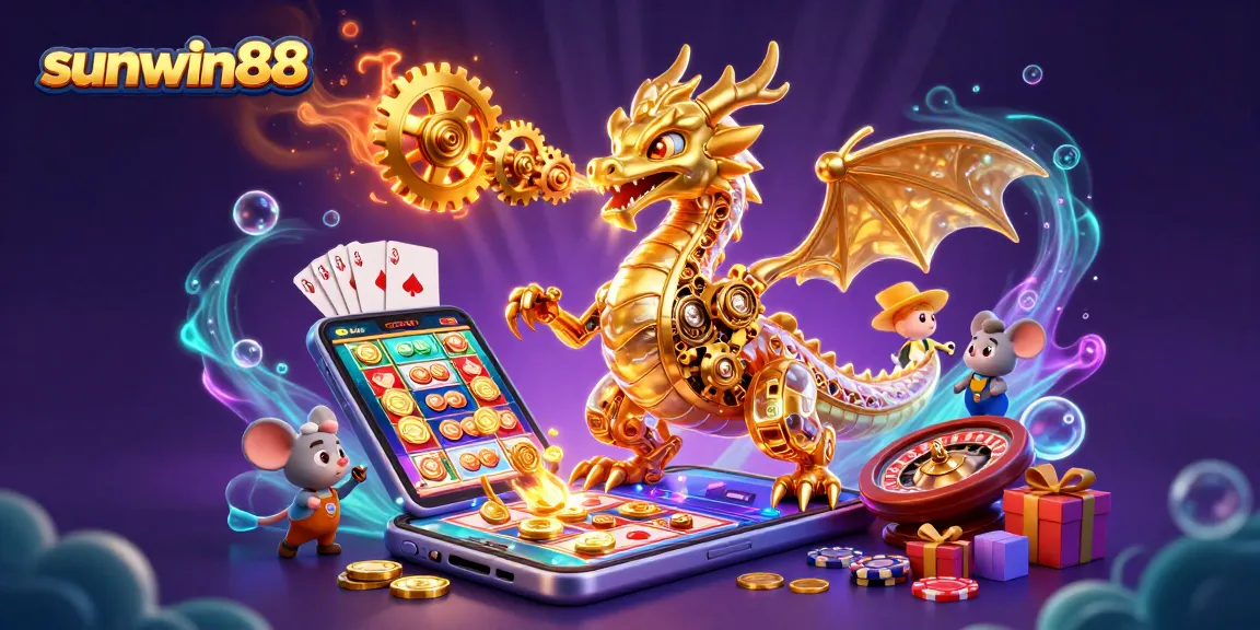 Experience thrilling gameplay at sunwin88 with a golden dragon and interactive casino elements surrounding it.