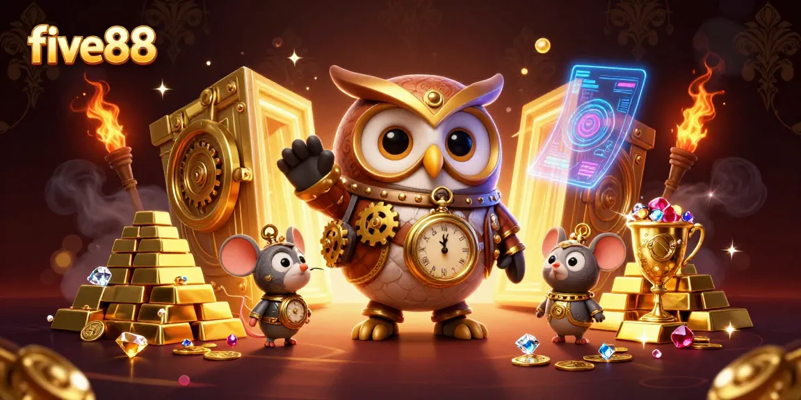 Join the excitement of five88 with this vibrant steampunk casino illustration filled with treasures and games.