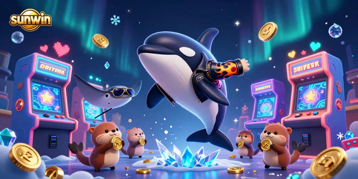 Play exciting games and win at Sunwin with a vibrant underwater scene featuring unique characters and gold coins.