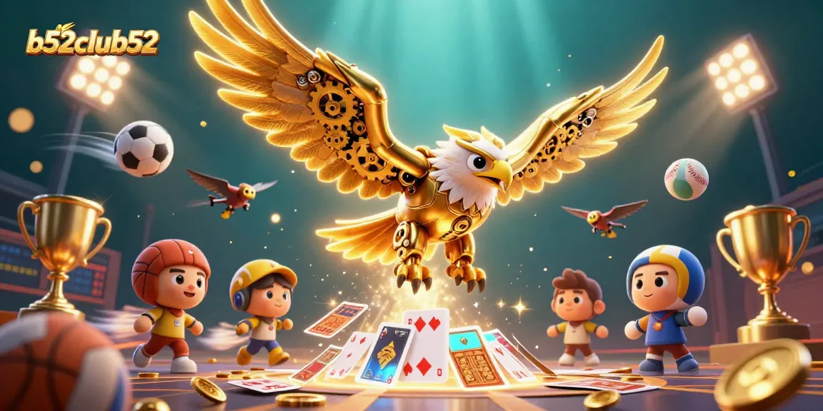 Engage with the excitement of b52club52, showcasing a dynamic scene of gambling elements and a golden eagle.