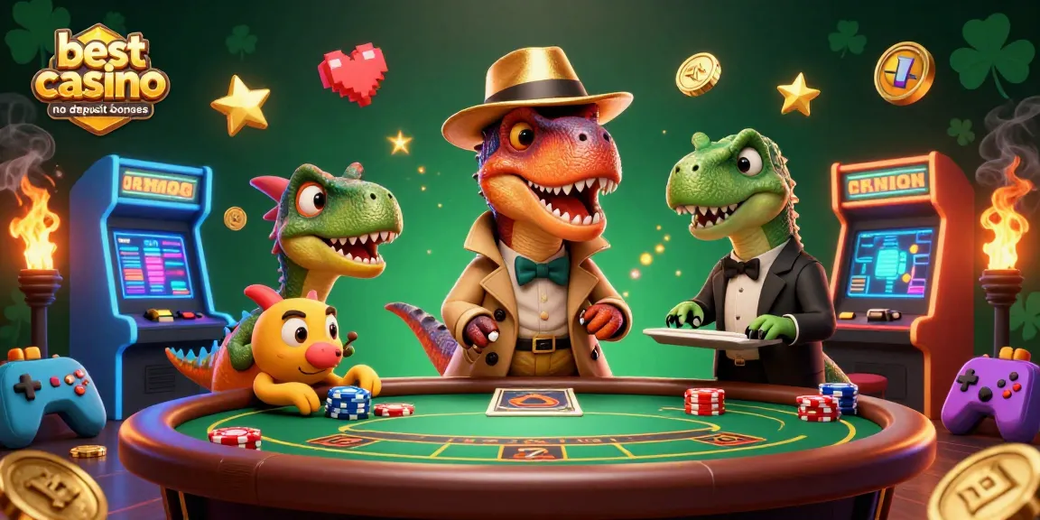 Experience the excitement of the best casino no deposit bonuses with a colorful cartoon illustration of a velociraptor at a blackjack table.