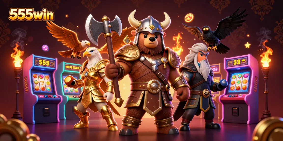 Engage with the dynamic world of 555win through vibrant 3D characters and casino elements.