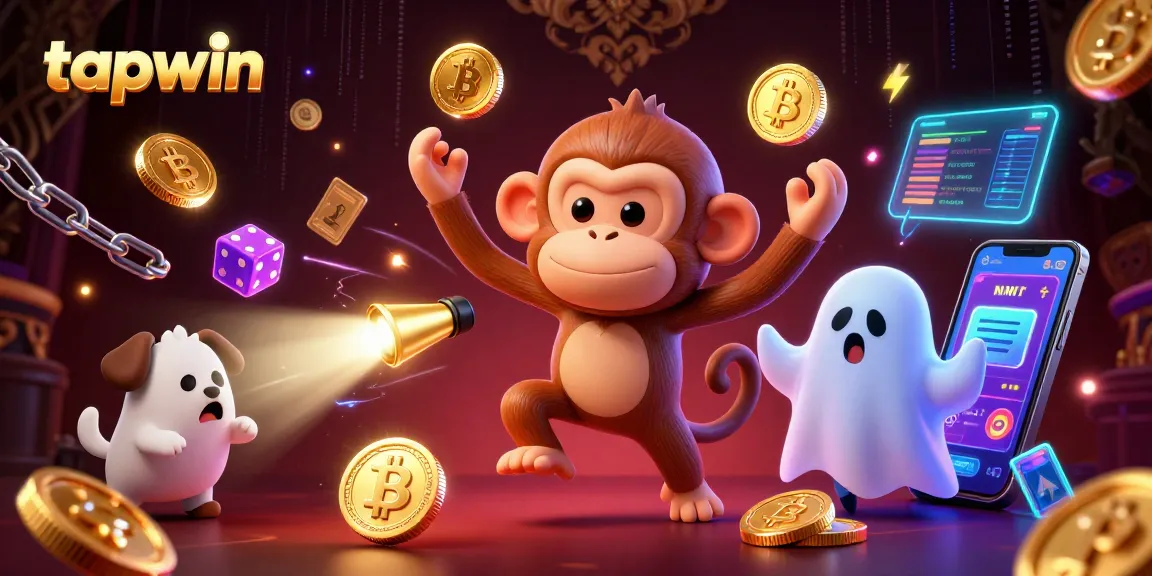 Experience tapwin's haunted casino with a playful poltergeist monkey and a curious ghost-hunter puppy in a dynamic scene.