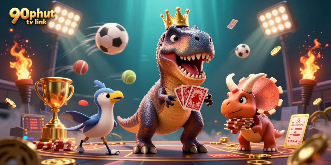 Engage with the excitement of 90phut tv link by watching dynamic, action-packed scenes of cartoon dinosaurs in a vibrant illustration.
