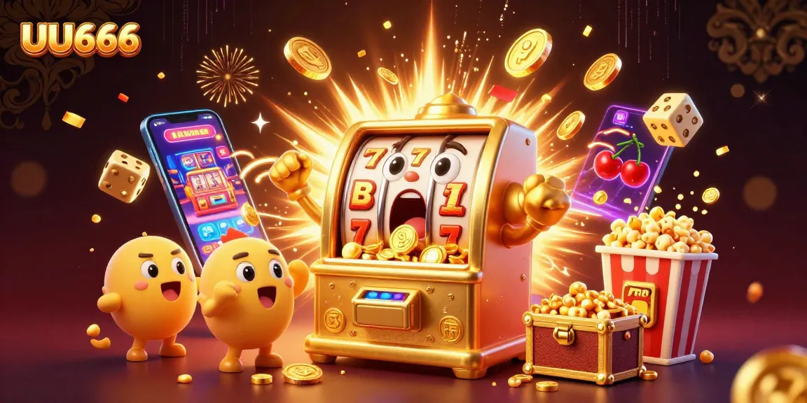 UU666 slot machine hitting jackpot as coins spill out, showcasing vibrant casino action.