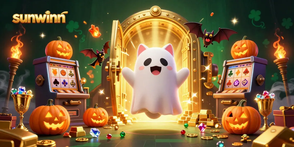 Experience the excitement of sunwinn with a ghost cat and vampire bat in a vibrant casino