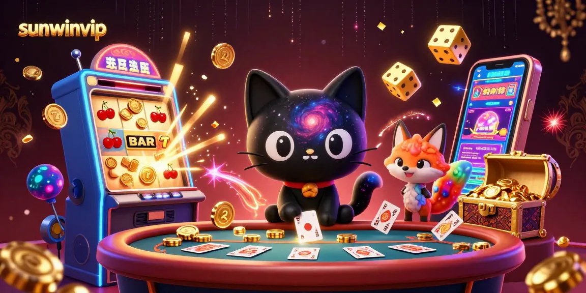 Experience exciting wins with sunwinvip at a cosmic casino where a black hole cat draws in golden chips.