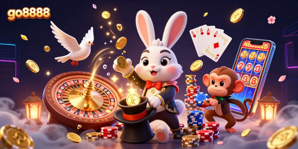 Experience exciting wins at go8888 with a vibrant casino scene featuring playful characters and rich gaming elements.
