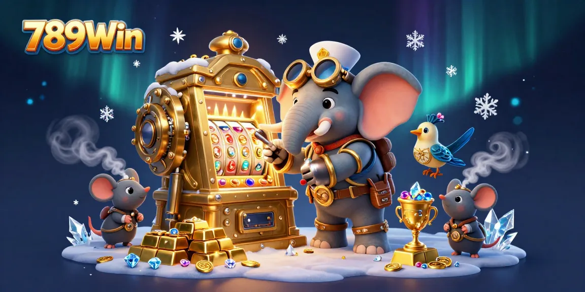 Engage with the dynamic 789Win scene featuring a steampunk elephant at a slot machine surrounded by gold treasures.