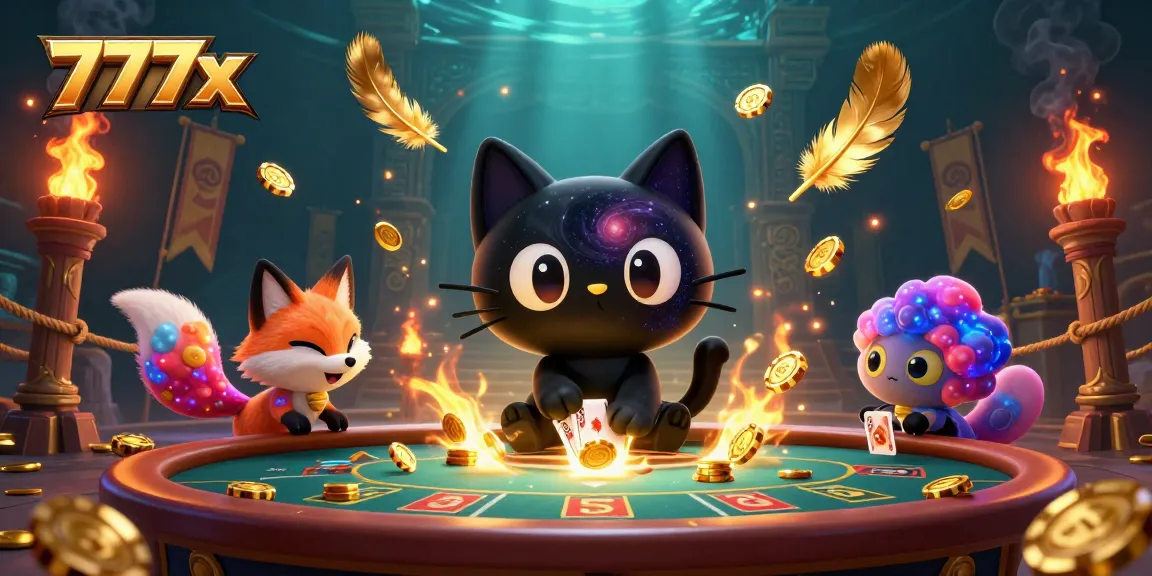 Experience the excitement at 777x, as the black hole cat draws in golden chips at a cosmic casino.