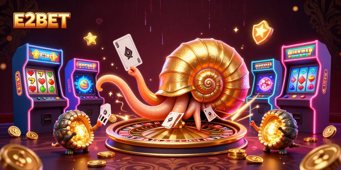 E2BET showcases a vibrant casino scene with a giant nautilus and glowing game elements.
