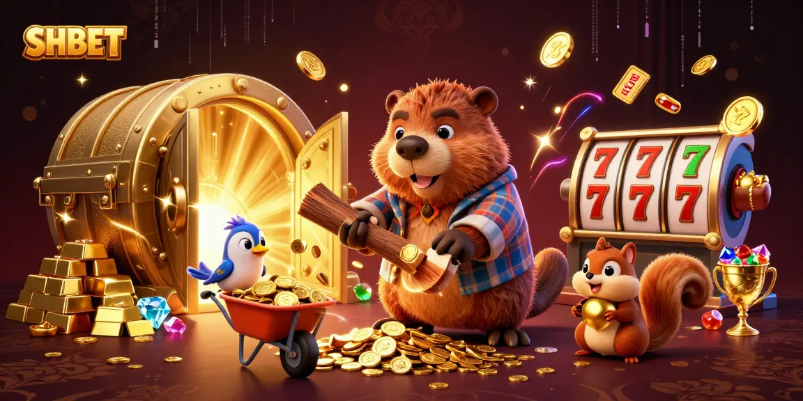 Experience thrilling SHBET slots with cartoon characters collecting gold coins in a vibrant casino scene.