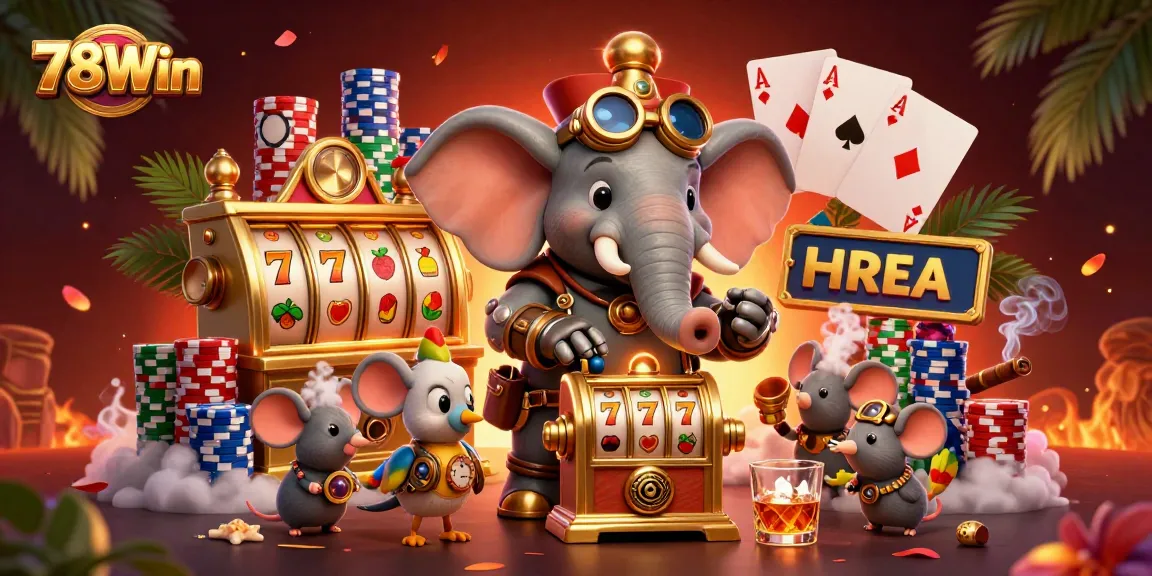 Experience the thrilling world of 78Win with a vibrant steampunk casino scene featuring a mechanical elephant and rich game elements.