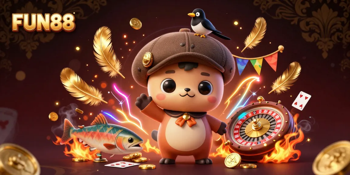 Explore FUN88's thrilling atmosphere with vibrant characters and gaming elements in an exciting online casino scene.